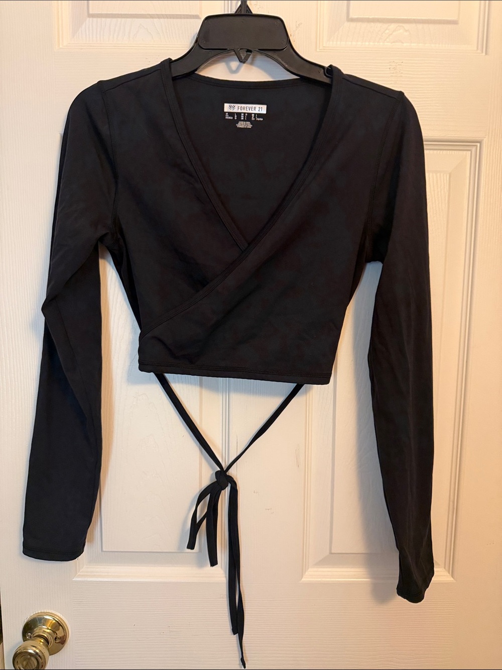 Forever 21 Black Long-Sleeve Wrap Crop Top with Waist Ties